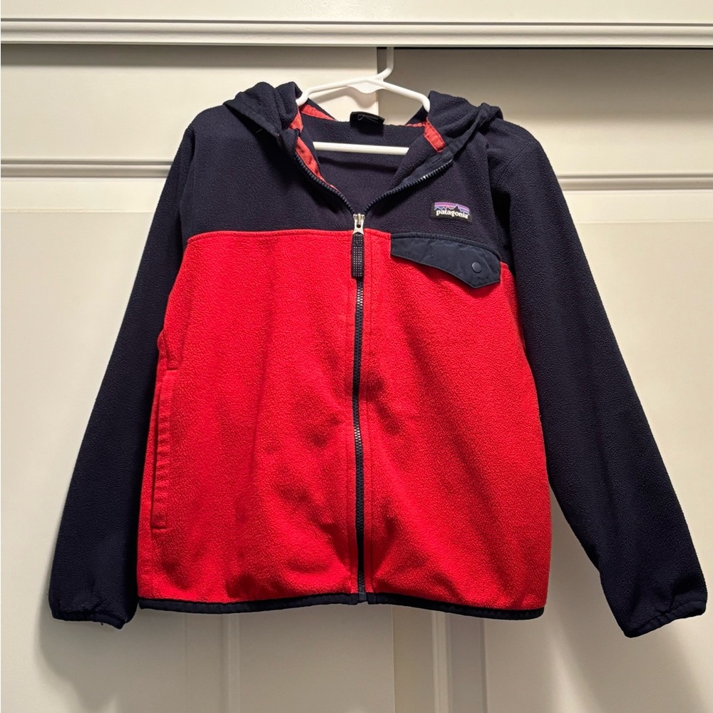 Patagonia Kids Red and Navy Hooded Fleece Jacket